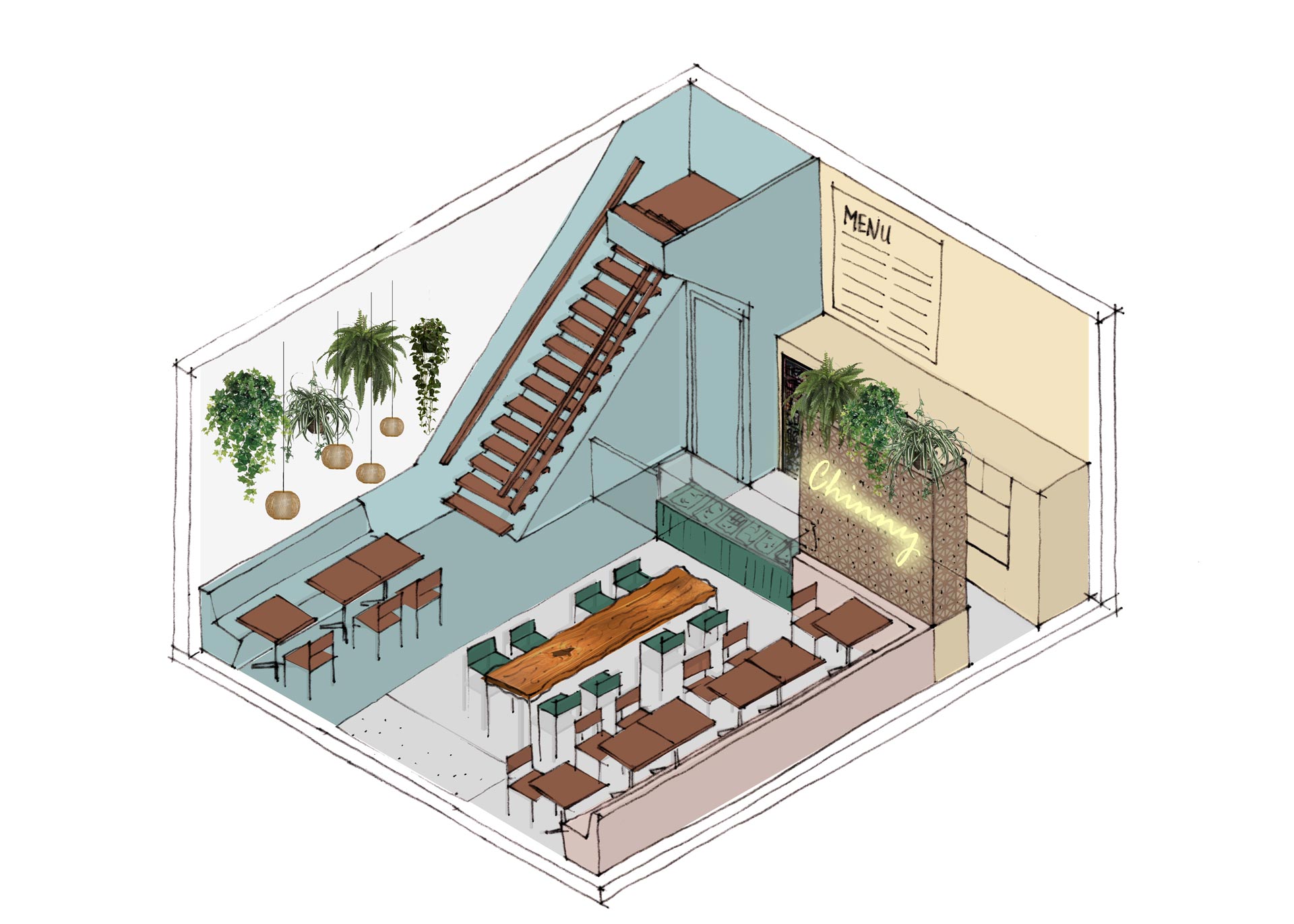 Chinny-Surinam-Streetfood-restaurant-interior-isometric-option-2-lagado-architects