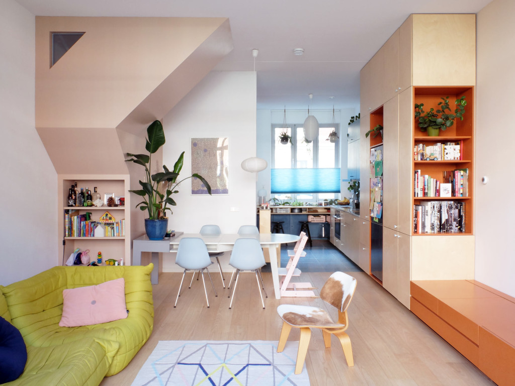 8-LAGADO-architects-workhome-playhome-Rotterdam-stairs-sculpture-interior-orange-pink-triangular-windows-ligne-roset-multitasker-table-by-LAGADO-Architects